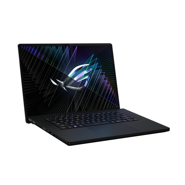 Off Center View of the Front of the Rog Zephyrus M16, With the Lid Open and the Rog Fearless Eye Logo on Screen